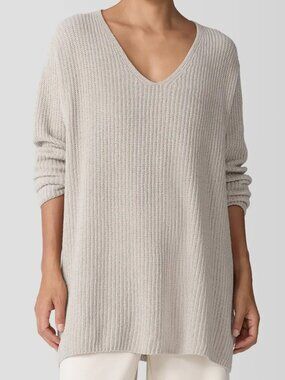 Eileen Fisher V-Neck Organic Cotton Chenille Sweater in Almond